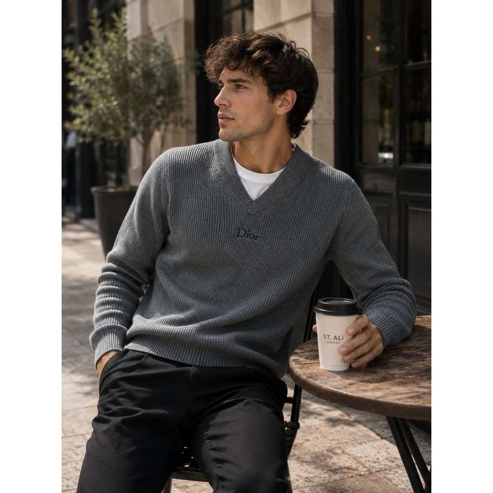 Dior Ribbed V Neck Sweater Mens Grey Luxury Designer Quiet Luxury Minimalist